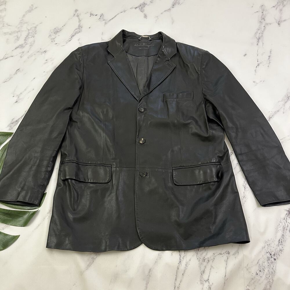 Salvatore Ferragamo Mens Black Leather Blazer Vintage Jacket Size US 48 Italy